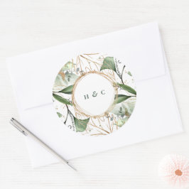 Circle Botanical Eukalyptus Green Emerald Monogram Runder Aufkleber