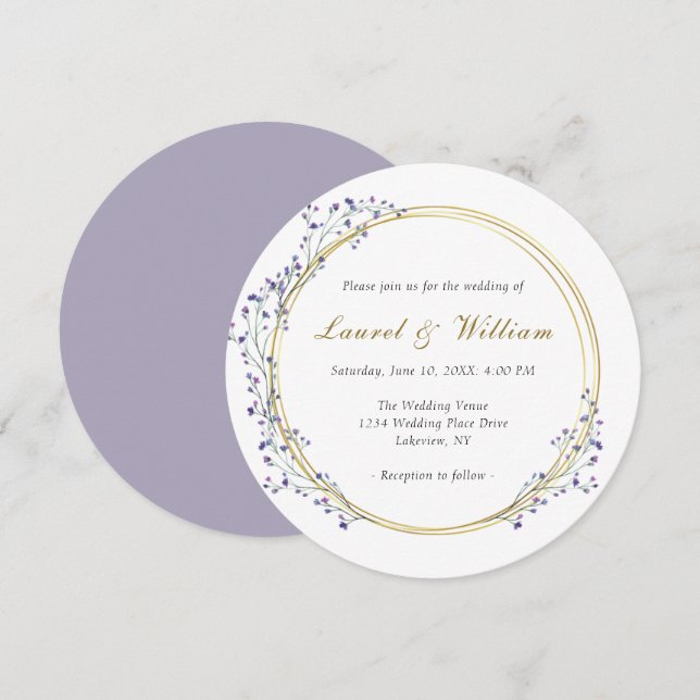 Circle Gold Lila Wreath Wedding Einladung (Vorne/Hinten)