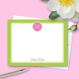 Circle Monogram Preppy Pink & Lime Green Mitteilungskarte