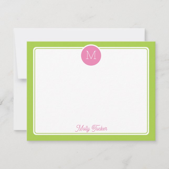 Circle Monogram Preppy Pink & Lime Green Mitteilungskarte (Vorderseite)