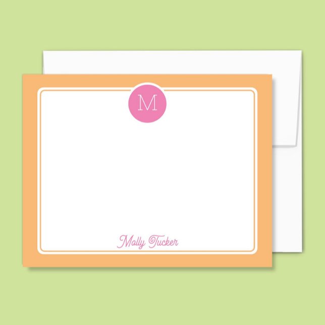Circle Monogram Preppy Pink & Orange Sherbet Mitteilungskarte (Von Creator hochgeladen)