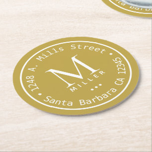 Circle Monogram und Address ocher gelb Runder Pappuntersetzer