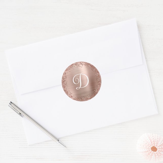 Circle Rose Gold Glitzer and Foil Monogram Runder Aufkleber (Umschlag)
