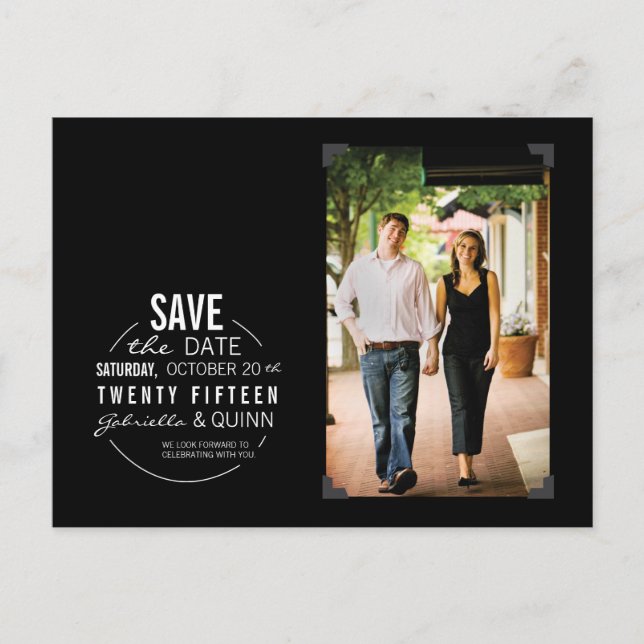 Circle Text & Foto Schwarz Save the Date Postkarte (Vorderseite)