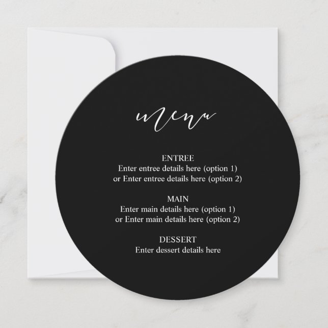 Circle Wedding Plate Menü Black Calligraphy (Vorderseite)