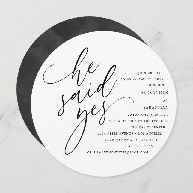 Circle White Script Er sagte Yes Engagement Party Einladung (Vorne/Hinten)