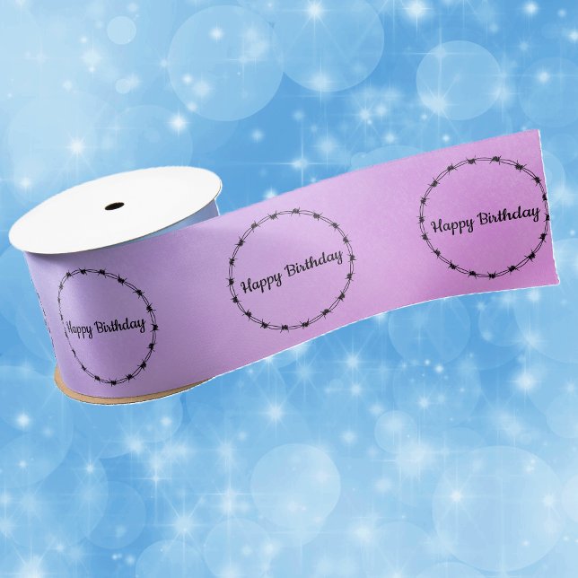 Circles Black Barbed Wire Happy Birthday Blue Pink Satinband (Circles of black barbed wire on pink fading to blue Happy Birthday gift wrap ribbon.)