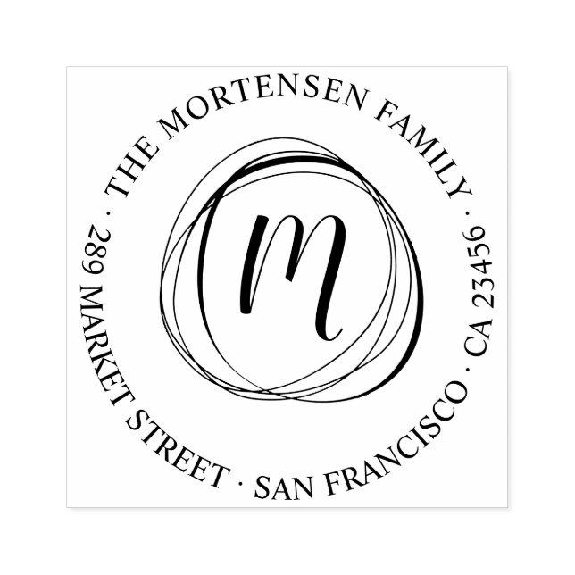 Circles Monogram Round Family Name Rücksendeadress Gummistempel (Prägung)