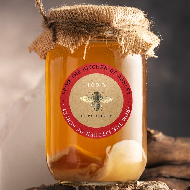 Circular 100%hausgemachte Honey Kitchen Kraft Bee  Runder Aufkleber (Circular 100%Homemade Honey Kitchen Kraft Bee Red Classic Round Sticker)