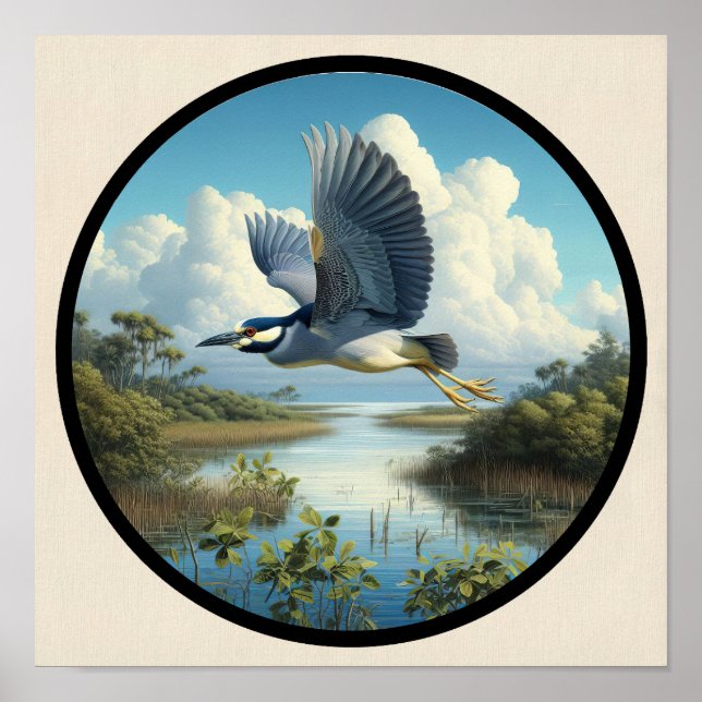 Circular 3D-Bild eines gelb gekrönten Nachtherons Poster (Vorne)