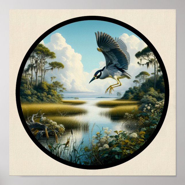 Circular 3D-Bild eines gelb gekrönten Nachtherons Poster (Vorne)