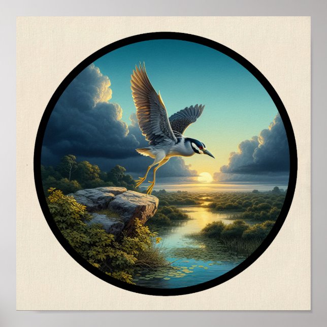 Circular 3D-Bild eines gelb gekrönten Nachtherons Poster (Vorne)