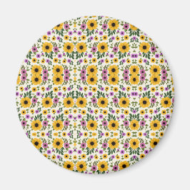 Circular floral button with vibrant yellow magnet