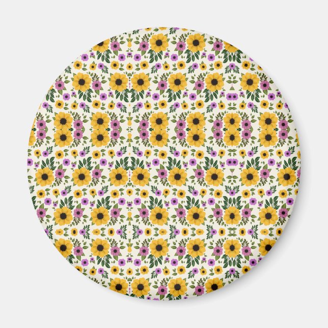 Circular floral button with vibrant yellow magnet (Vorne)