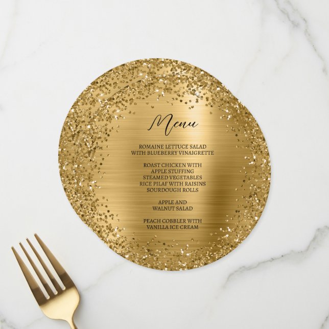Circular Gold Glitzer and Foil Menükarte (Vorderseite/Rückseite Beispiel)
