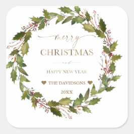 Circular Winter Berries Green Foliage Weihnachten Quadratischer Aufkleber