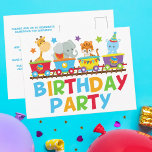 Circus Animal Train Niedlich Kindergeburtstag Part Postkarte<br><div class="desc">Diese bezaubernde Zirkus Geburtstagspostkarte lädt Zootiere auf einer Safari ein. Der Zug enthält eine Giraffe,  Elefanten,  Tiger und einen niedlichen Hippo über dem coolen Text der Geburtstagsparty in den Farben Orange,  Grün,  Rot und Blau. Personalisieren Sie den Rücken mit Ihren lustigen Kindern Party-Feiern Details.</div>