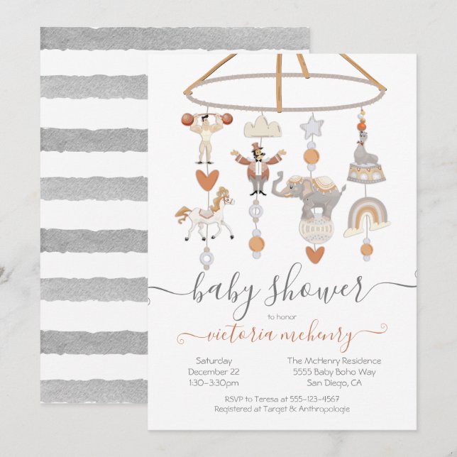 Circus Animals Mobile Baby Shower Einladung (Vorne/Hinten)