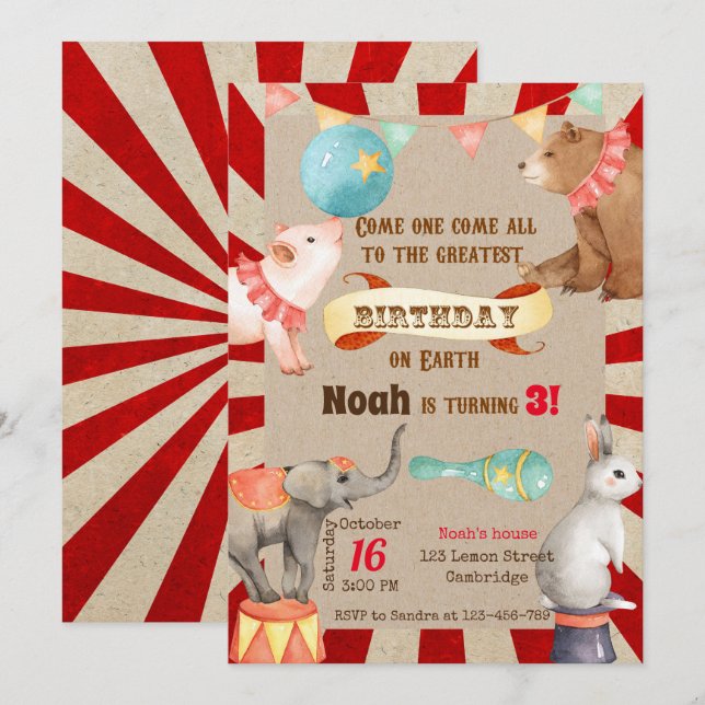 Circus Birthday Invitation, Circus Invitation, Einladung (Vorne/Hinten)