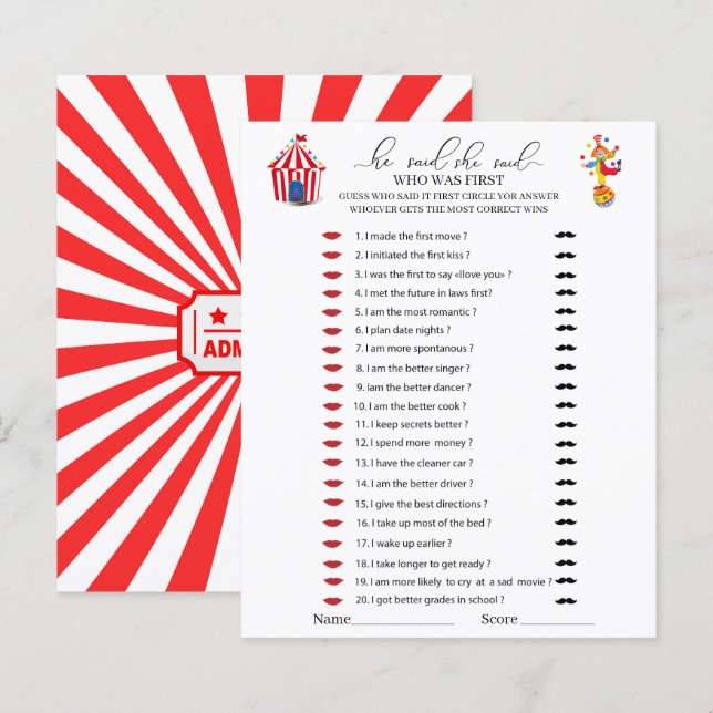 Circus Carnival Watercolor Er sagte, dass sie Spie (Vorne/Hinten)