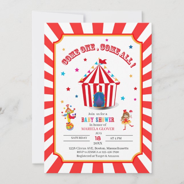 Circus Carnival Watercolor Kinderdusche Einladung (Vorderseite)