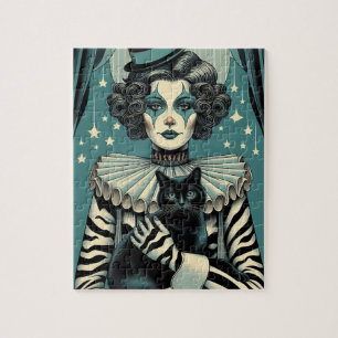 Circus Clown-Frau und eine schwarze Katze