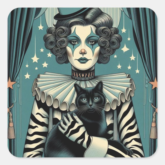 Circus Clown-Frau und eine schwarze Katze Quadratischer Aufkleber (Vorderseite)