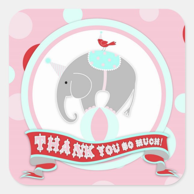 Circus Elephant Dankeschön Label Quadratischer Aufkleber (Vorderseite)