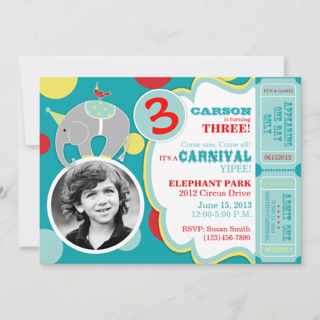 Circus Elephant Geburtstag Einladung Blau (Vorderseite)