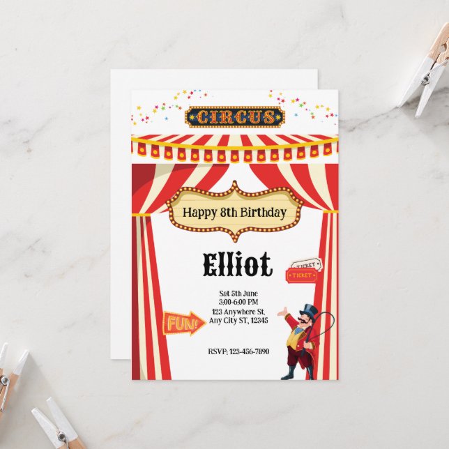 Circus Extravaganza Party Einladung Card (Vorderseite/Rückseite Beispiel)