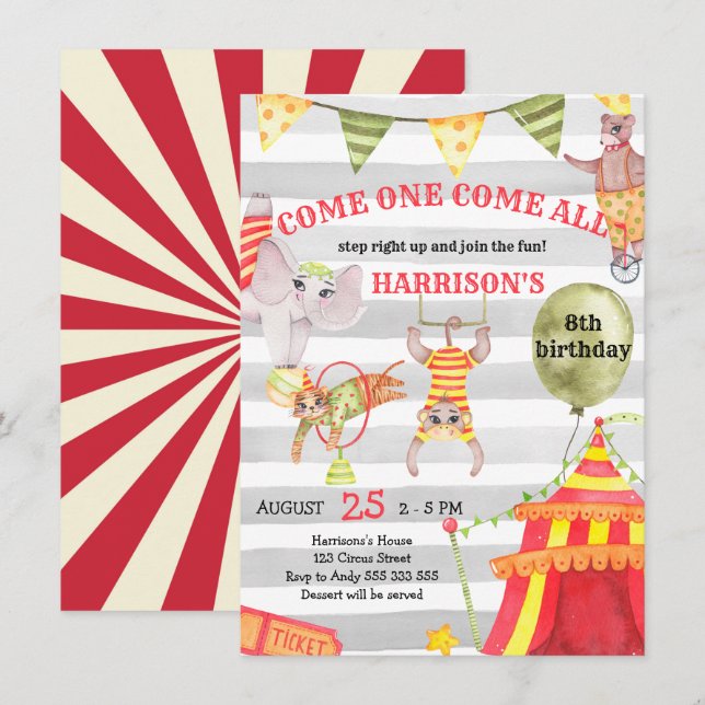 Circus Geburtstag Karneval Niedliche Aquarellkinde Einladung (Vorne/Hinten)