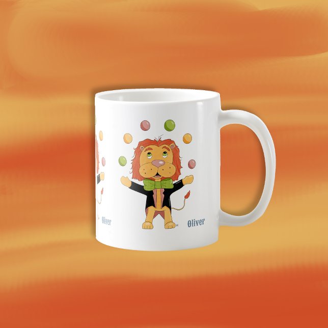 Circus Juggler Lion Kid Mug with Name Kaffeetasse (Fun personalized mug for (12oz) kids with a juggler lion .)