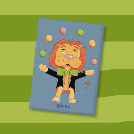 Circus Juggling Lion Kid Blue Button with Name