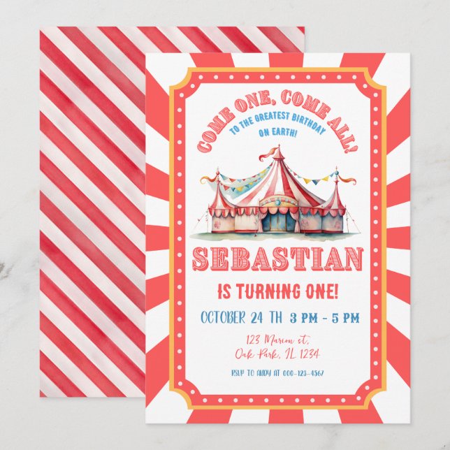 Circus Karneval 1. Geburtstag Party Einladung (Vorne/Hinten)