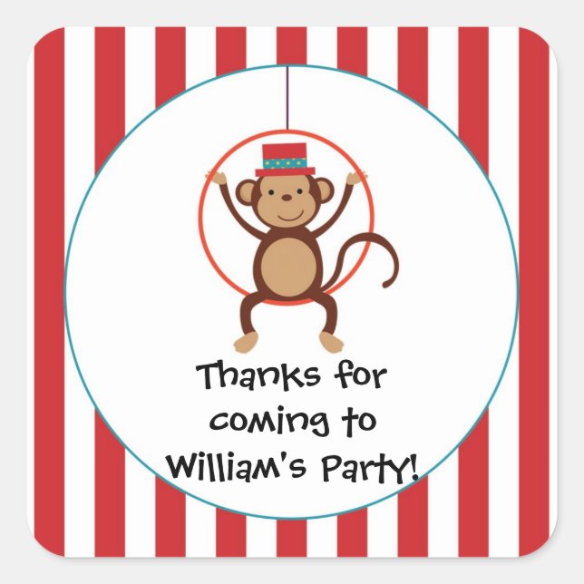 Circus Monkey Birthday Party Sticker (Vorderseite)