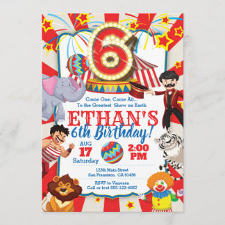 Circus Party Einladung für den 6. Geburtstag