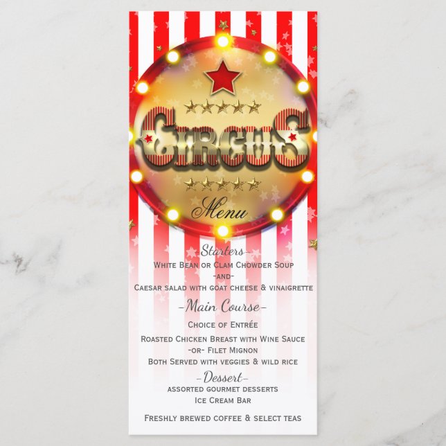 Circus Party Event Red White Gold Stried Menu (Devant)