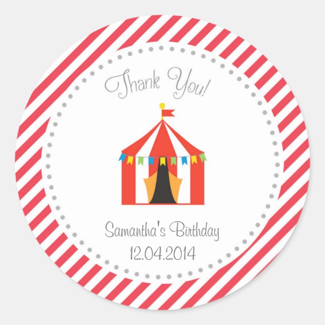 Circus Tent Birthday Danke, dass Sie Rot aufkleben Runder Aufkleber (Vorderseite)