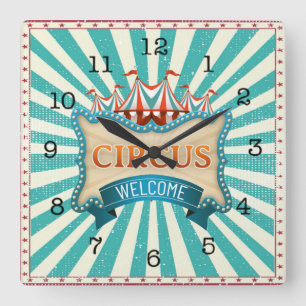 Circus Thema Aquamarin Red Tent  Quadratische Wanduhr