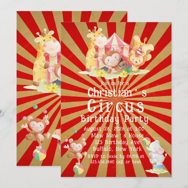 Circus Thema Birthday Party Einladung (Vorne/Hinten)