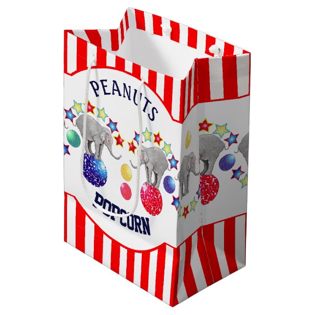 Circus Thema Elephant Birthday Party Mittlere Geschenktüte (Vorderseite Schrägansicht)