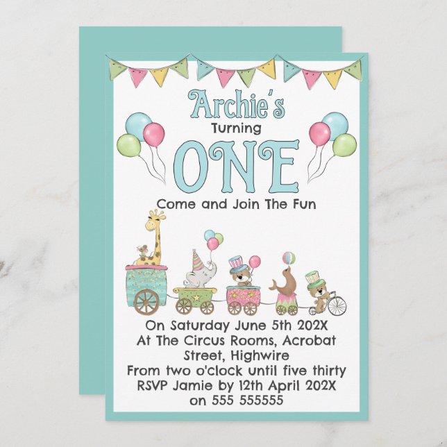 Circus Themed 1st Birthday Invitation (Devant / Derrière)