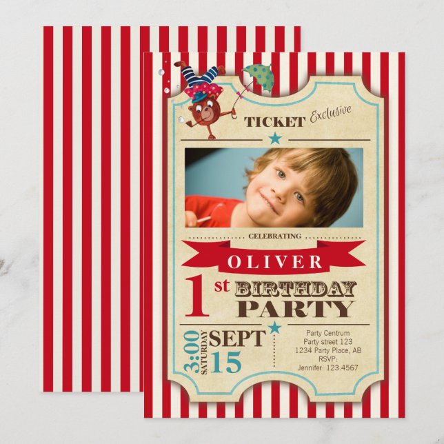 Circus Ticket 1. Geburtstag | mehr Adressraum | Einladung (Vorne/Hinten)