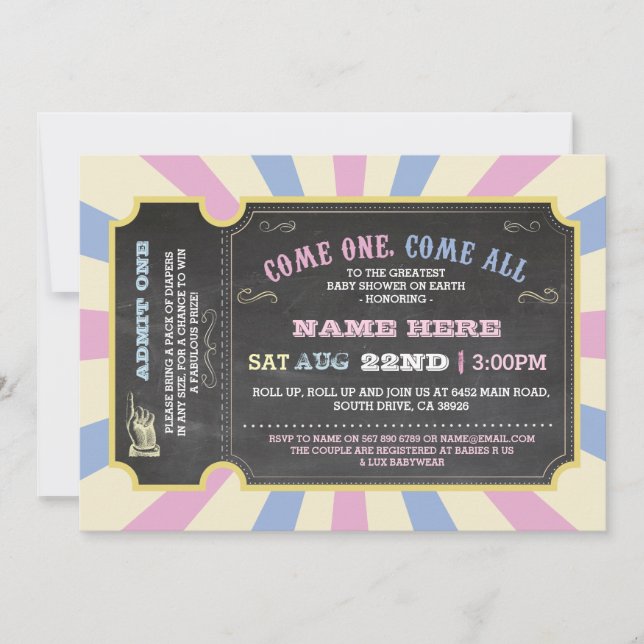 Circus Ticket Pink Blue Ticket Baby Showeinladung Einladung (Vorderseite)