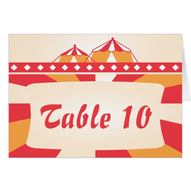 Circus Wedding Tischnummer Card - Rot und Orange (Vorderseite (Horizontal))