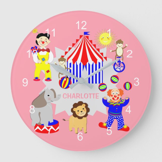 Circus Zelt Cartoon Clowns & Tiere Personalisiert Große Wanduhr (Vorderseite)