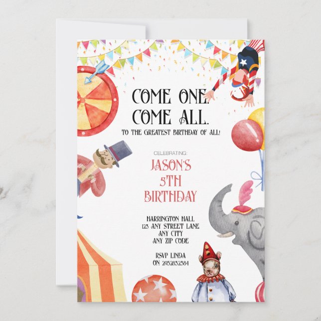 Cirque/Carnaval Thème Enfants Invitations (Devant)