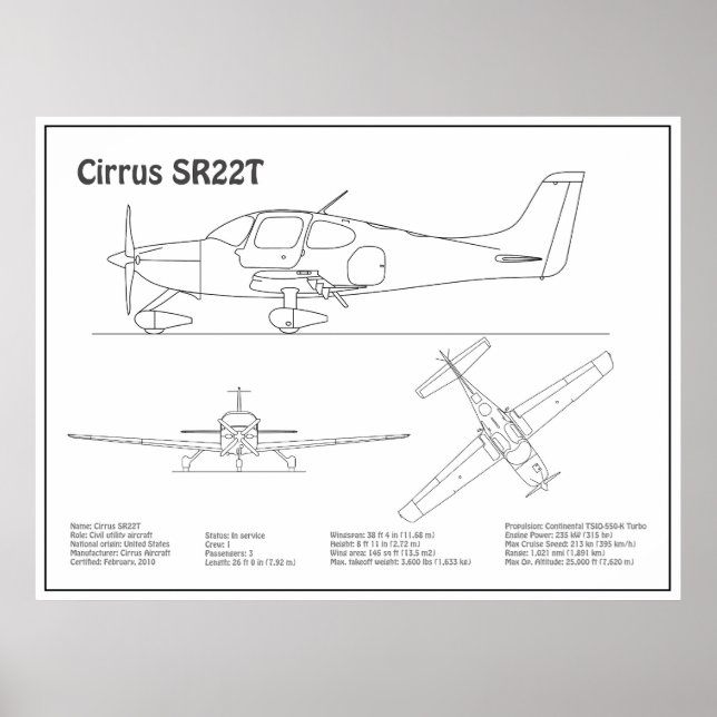 Cirrus SR22T - Flugzeugkonzept Zeichnend Pläne BD Poster (Vorne)