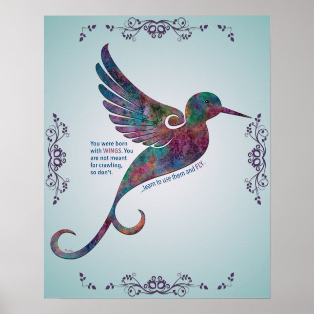 Citation de Rumi avec affiche de colibri (Devant)