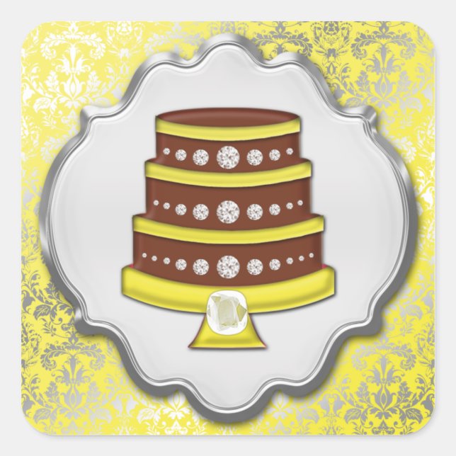 Citron gâteau Couture Damask Carré Étiquette boula (Devant)